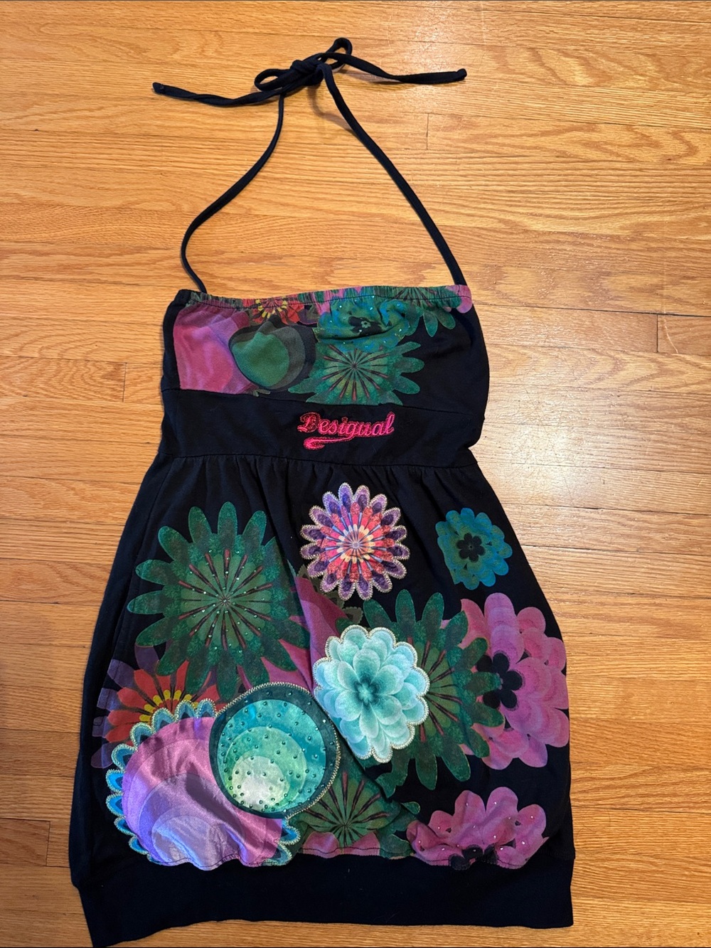 Desigual Black Halter Dress with Multicolor Floral Print